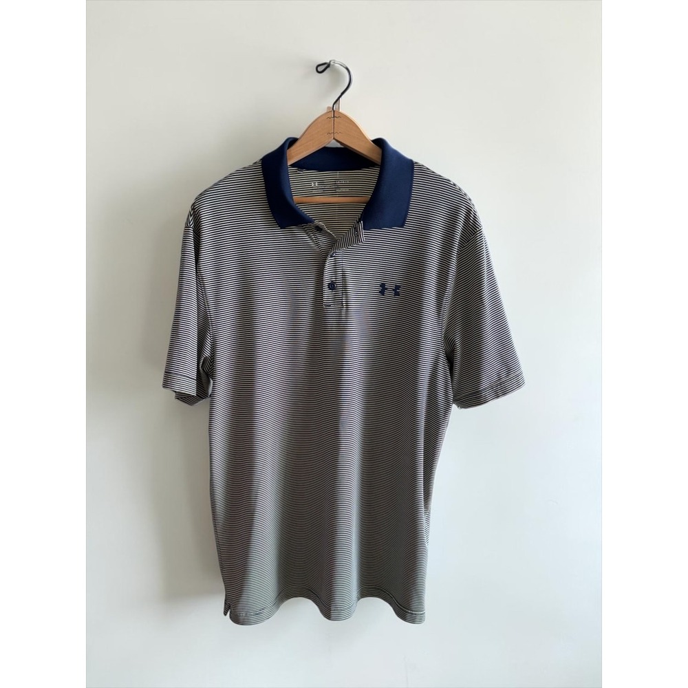 Under Armour Mens HeatGear Striped Polo Shirt Navy Blue Yellow Large Loose Fit